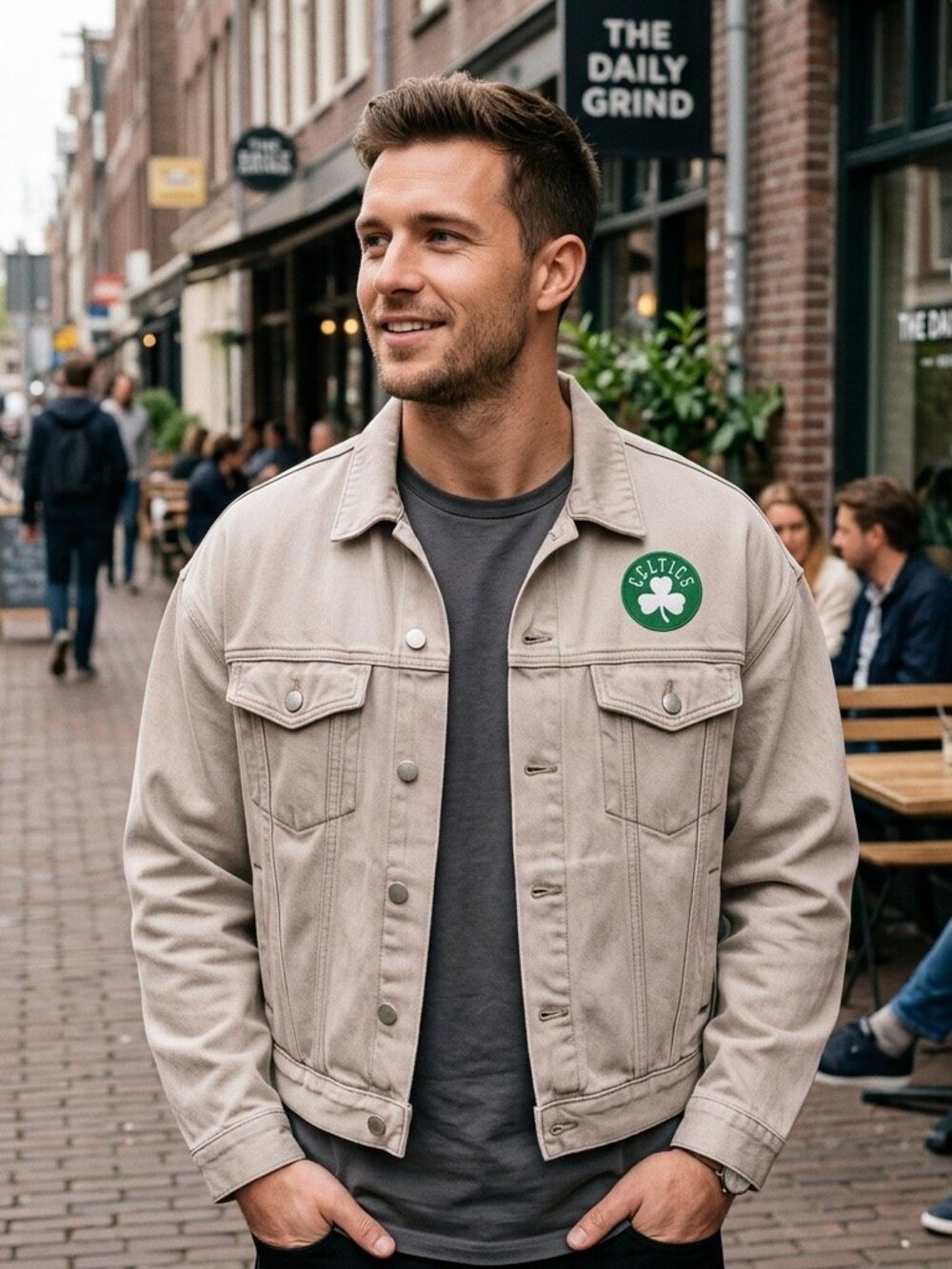 GAP Men's NBA Icon Denim Jacket Boston Celtics Large Washed Tan New